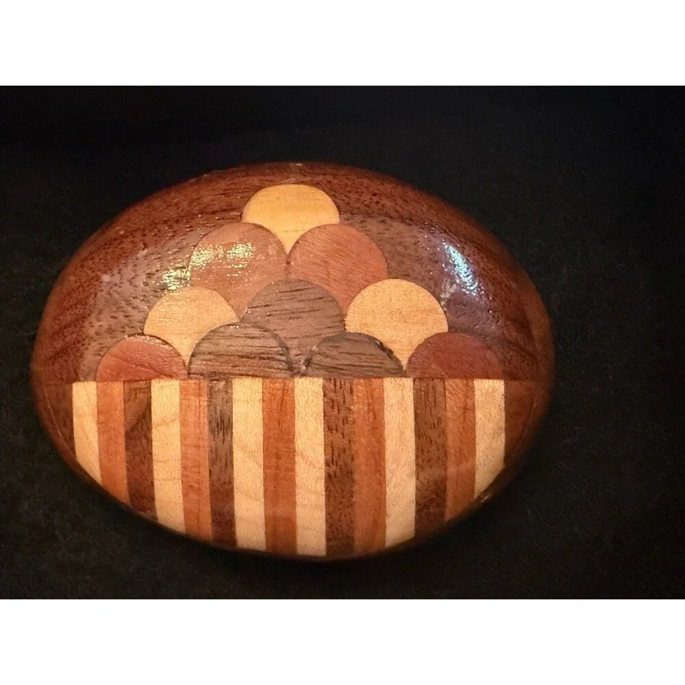 Vintage 1970s Wood Inlaid Scarab-Like Belt Buckle Geometric Marquetry Veneer Art